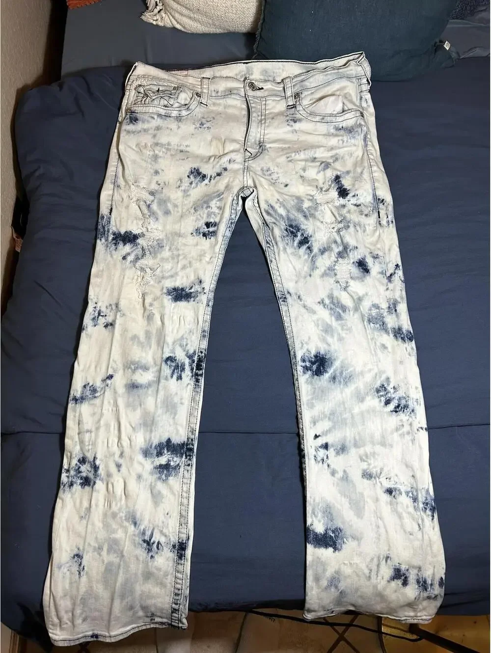 True Religion White and Blue Tie-Dye Straight Leg Jeans Size 40